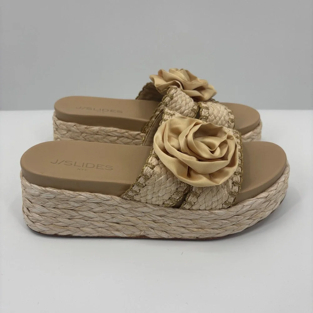 JSlides Tan Bree Rose Raffia Espadrille Platform Wedge Slide Sandals Womens 9